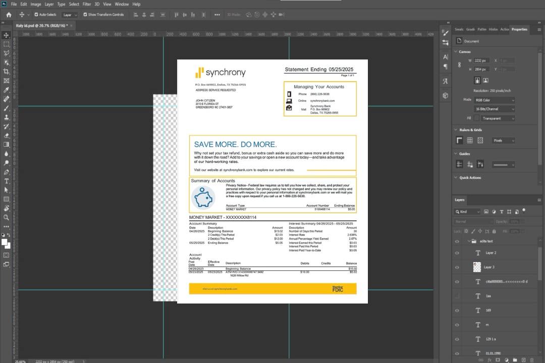 Modèle Word et PDF de relevé bancaire USA Synchrony Bank template